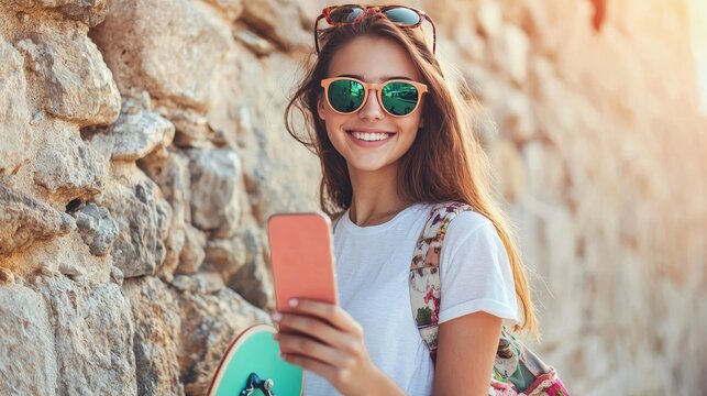 smiling young woman or teenage girl in sunglasses with longboard and smartphone over stone wall outdoors