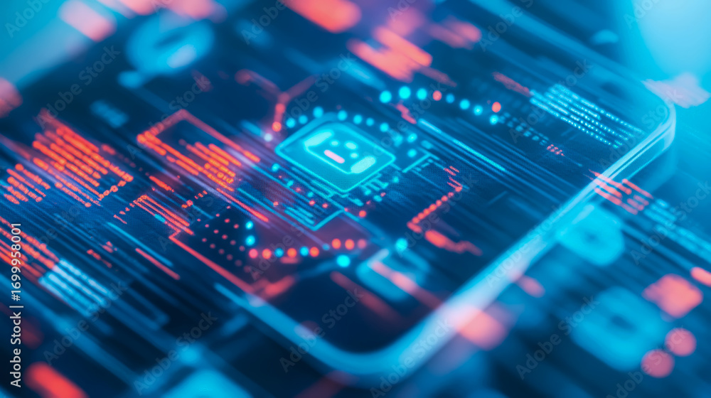 Poster dynamic abstract representation of smart device's glowing digital circuitry, featuring central ai ch
