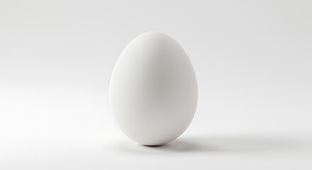A single, smooth white egg stands upright on a clean white surface.