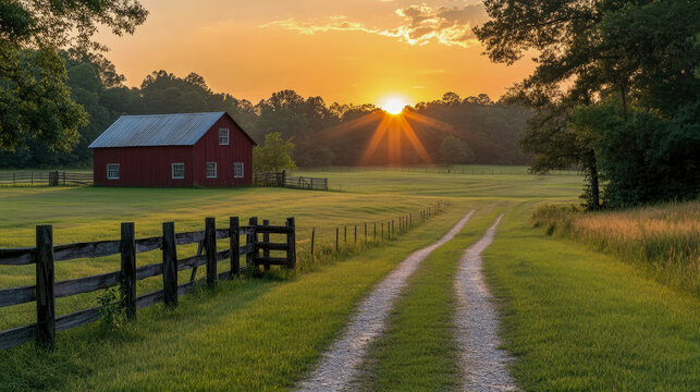 Idyllic Farm Scene with Bright Red Barn, Winding Dirt Path, and Stunning Golden Sunset Casting Long Rays Across Green Fields