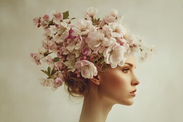 Surreal Emotional Portrait of a Woman with Blooming Flowers