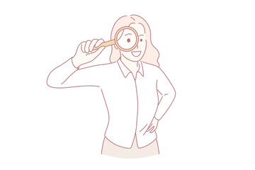 Searching investigation and research concept. Young smiling woman cartoon character standing holding magnifier glass over eyes feeling curious vector illustration