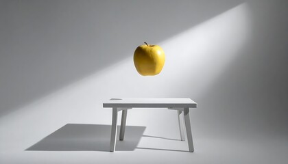 Yellow apple above white table in bright light. Healthy eating, nutrition, food blogs, cooking, fruit stock photos, kitchen decor.