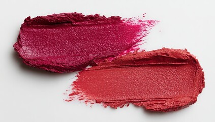 Fototapeta premium Lipstick texture smears on white background, red and berry cosmetic swatches, makeup product samples