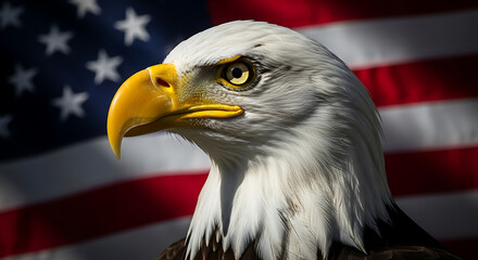 Fototapeta premium Majestic Bald Eagle Portrait Against a Symbolic American Flag Backdrop