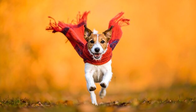 Dog running in autumn with scarf