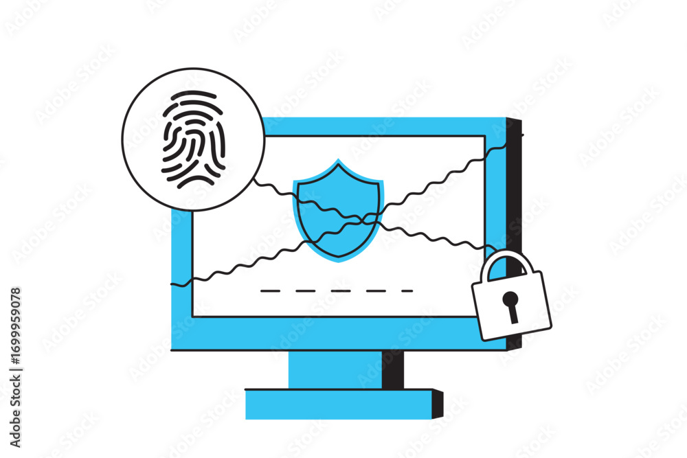 Poster digital security and data protection a stylized illustration of a computer screen with a fingerprint
