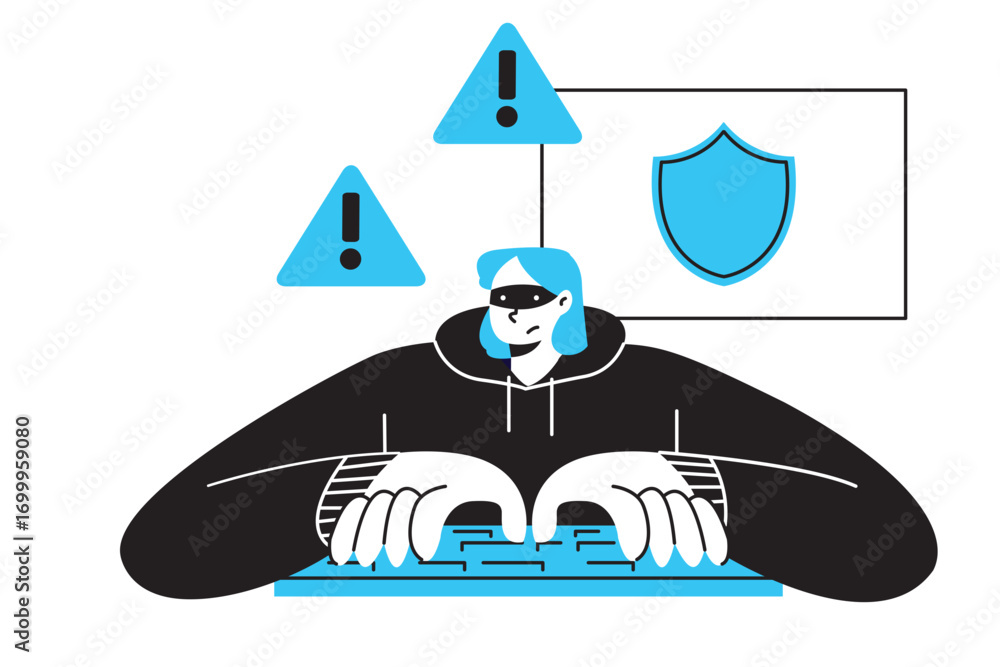 Aufkleber Cybersecurity Hacker in Hooded Sweatshirt Typing on Keyboard with Warning Signs and Shield Icon Overhead