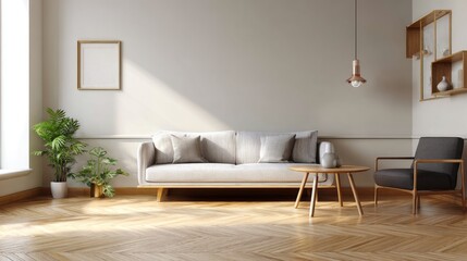 Modern living room interior light grey sofa wooden coffee table armchair and plants