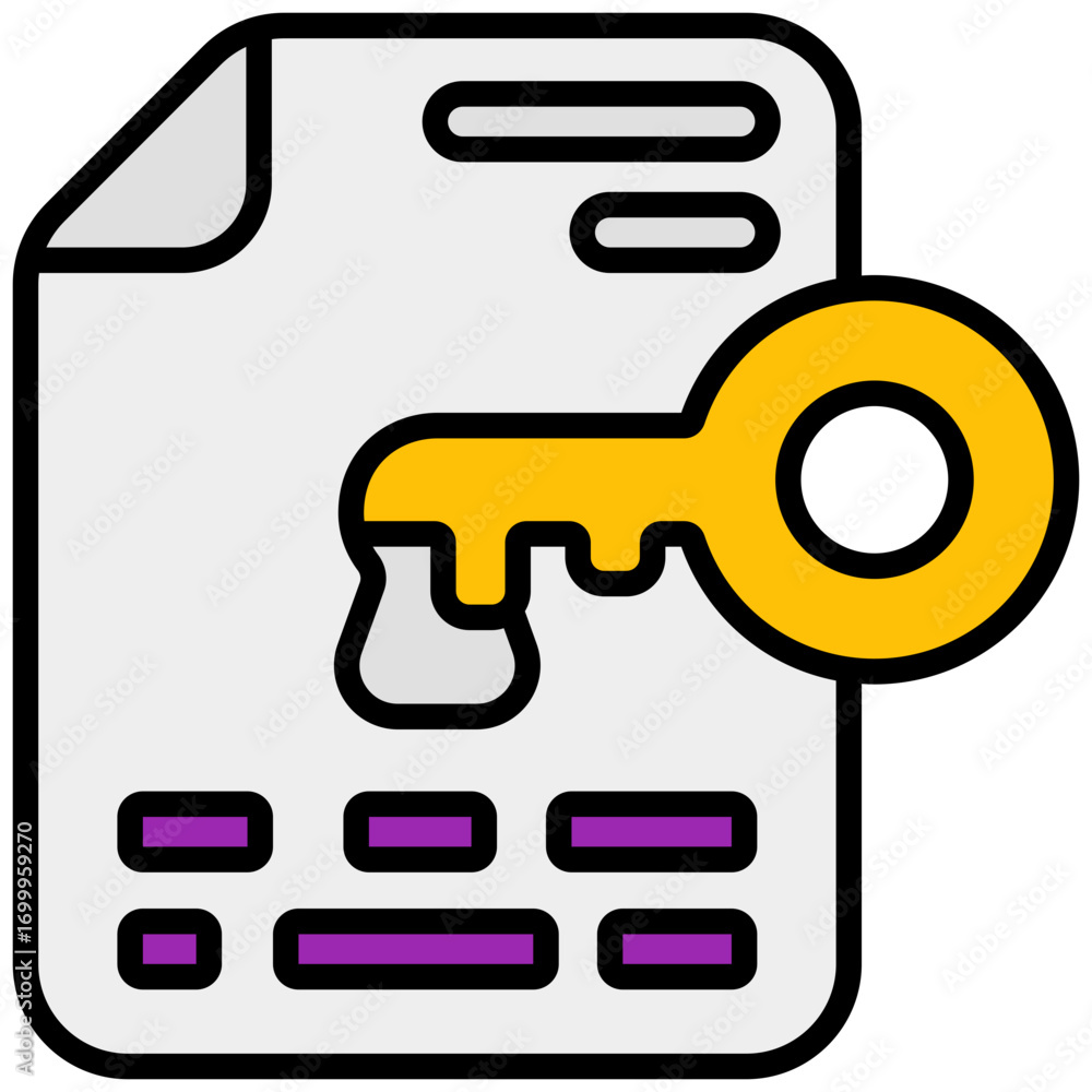 Poster stylized yellow key overlayed on document with purple data rectangles and abstract header lines, rep