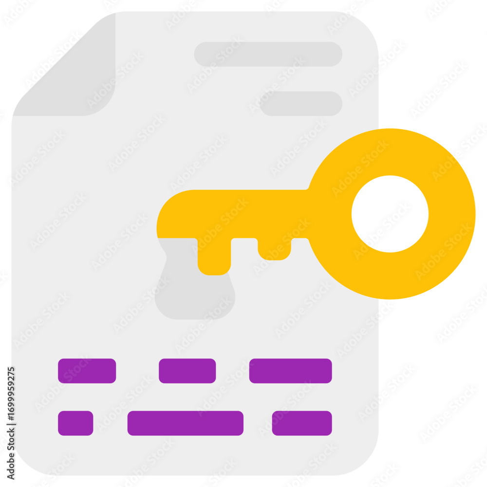 Poster flat icon of a yellow key interacting with a white document featuring purple text and a folded corne