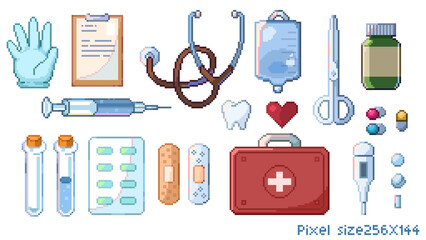 Pixel art set of medical equipment and hospital supplies, gloves, documents, syringes, saline bags, scissors, teeth, medicine bottles, medicine tubes, tablets, medicine bags, stethoscope, thermometer.