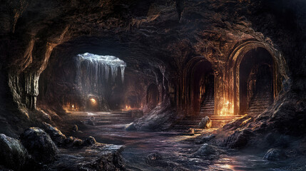 Mystical Cave with Waterfall, Warm Lighting, and Rugged Rock Formations in Fantasy Setting