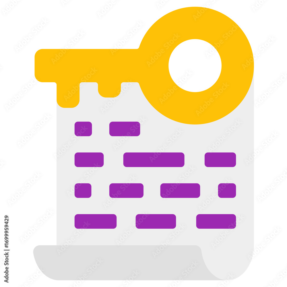 Fototapete flat icon of a yellow key resting on a document with purple rectangular data points
