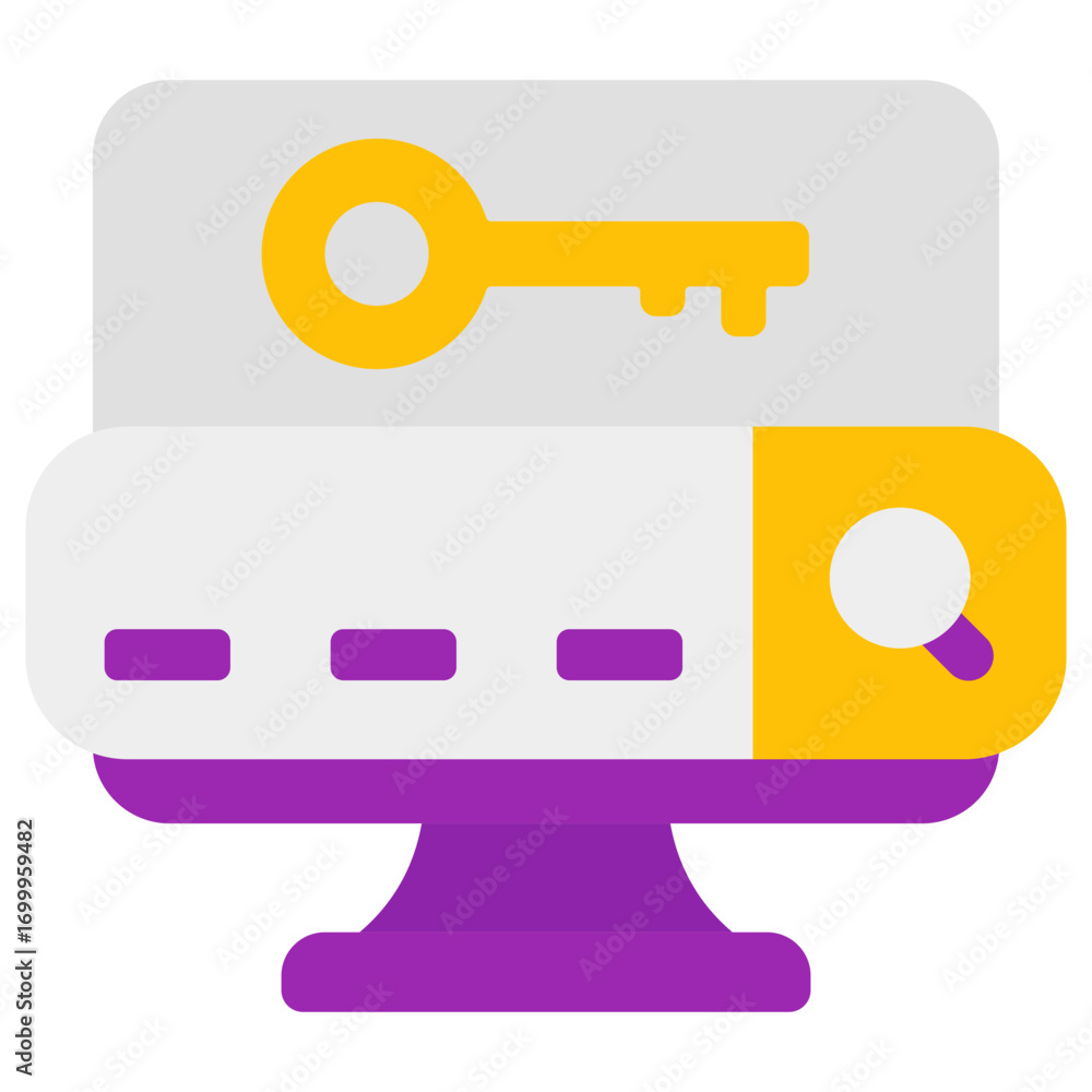 Poster flat style illustration of a computer monitor displaying a key and search bar, symbolizing digital s