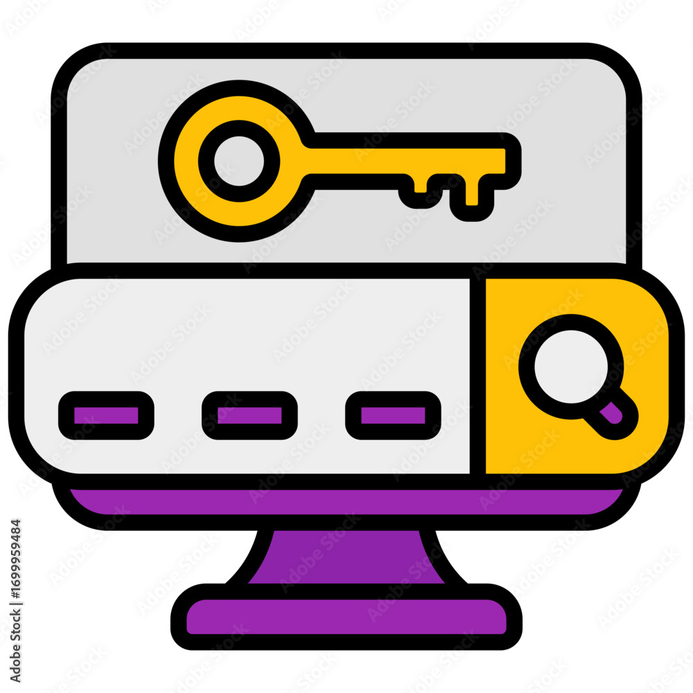 Poster illustration of a computer screen displaying a stylized key and a search bar with a magnifying glass