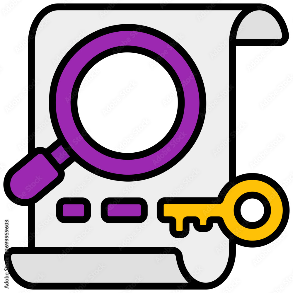 Poster stylized illustration of a magnifying glass over a document with a key and rectangular fields
