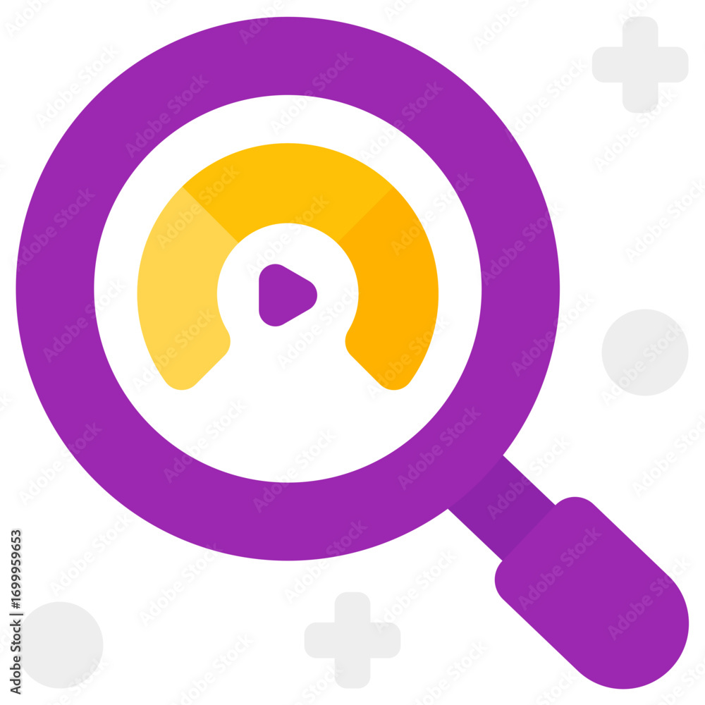 Poster stylized magnifying glass icon with play button and color spectrum overlay, representing data analys