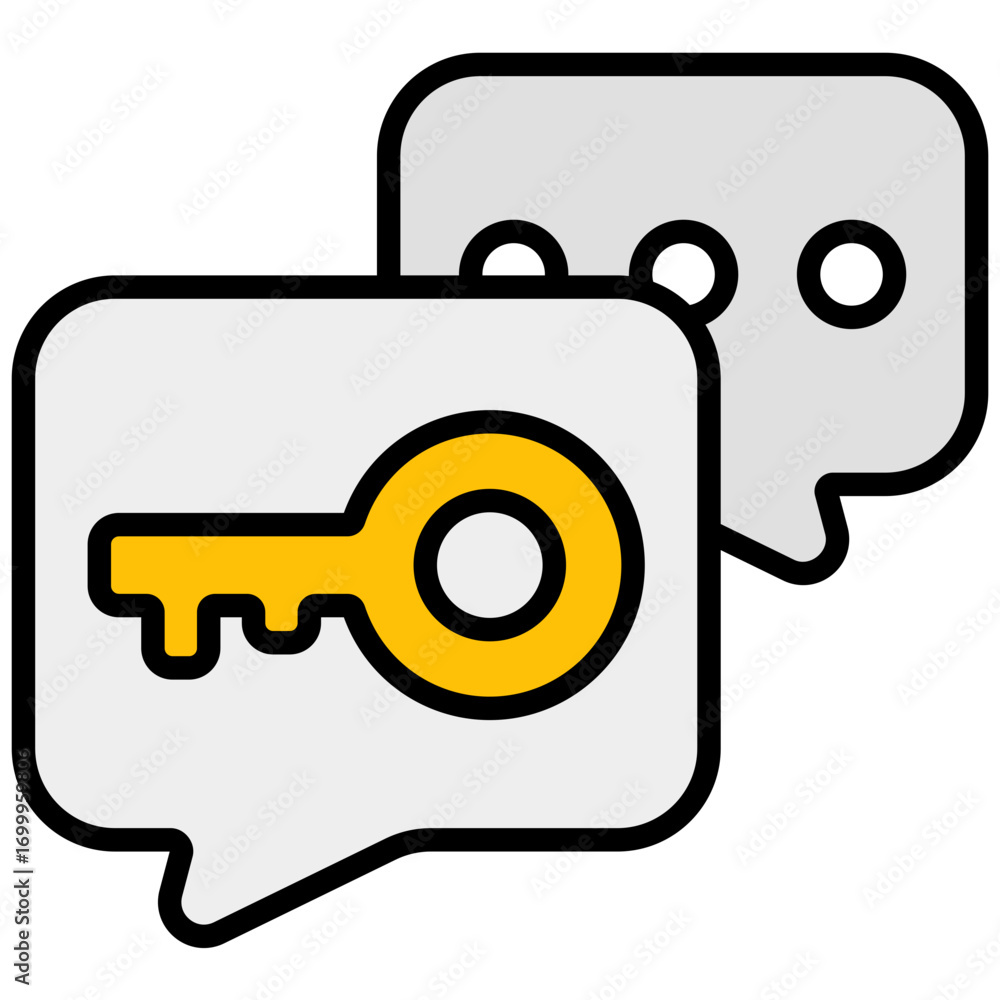Poster conceptual icon of a yellow key symbol within a white speech bubble, overlayed on a second speech bu