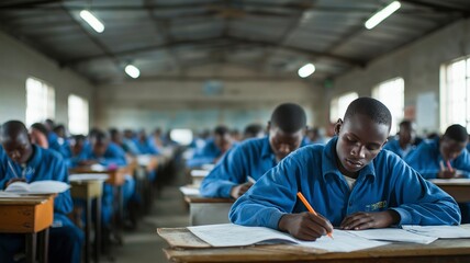 Fototapeta premium In a classroom with blue uniforms, students are seated at desks taking exams in the clear daylight.
