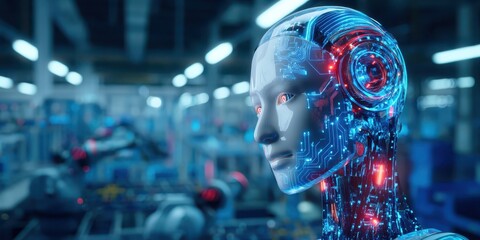 A futuristic humanoid robot with glowing circuitry, set against a backdrop of a high-tech manufacturing environment.