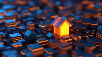 A glowing house stands out amidst a sea of dark geometric shapes, creating a striking visual contrast in a tech-inspired landscape.