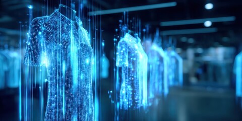 A futuristic display of holographic clothing items illuminated in blue light, showcasing advanced digital fashion technology.