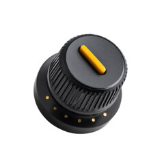 A black knob with a yellow button on top
