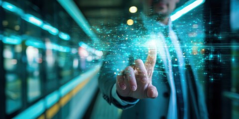 A man interacts with a futuristic digital interface, surrounded by glowing particles, conveying a sense of technology and innovation in a transit environment.