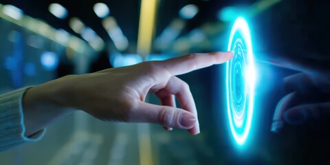 A hand reaches toward a glowing circular interface, symbolizing interaction with advanced technology in a futuristic environment.