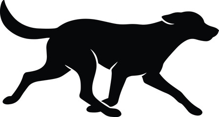 vector silhouette, running dog mid-stride, side view, solid black