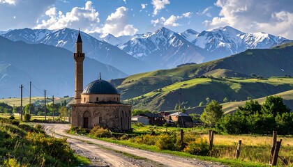 Fototapeta premium A picturesque mosque nestled in a valley, with snow-capped mountains in the background, showcasing a serene and tranquil scene.