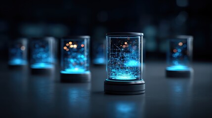 A collection of illuminated glass containers showcasing intricate digital patterns against a dark background.