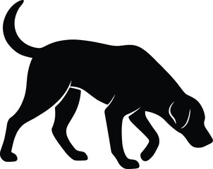 vector silhouette, sniffing dog head down, side view, solid black