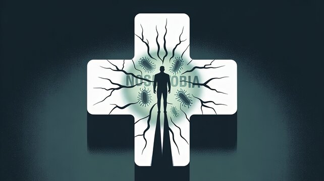Nostophobia Anxiety Concept: An illustrative representation of nostophobia, with a silhouette of a person enveloped within a stylized medical cross, symbolizing the fear of disease.