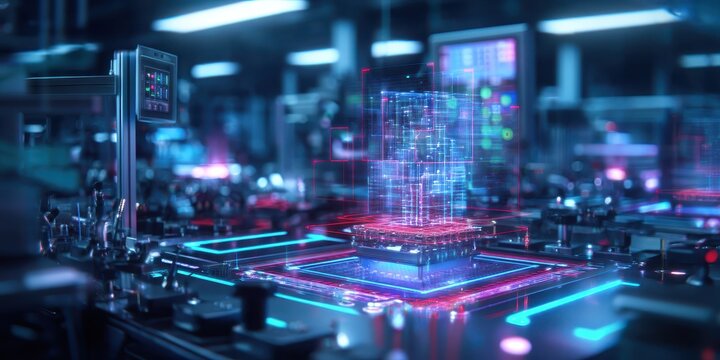 A futuristic digital landscape featuring a holographic data structure on a circuit board, illuminated by vibrant blue and red lights.