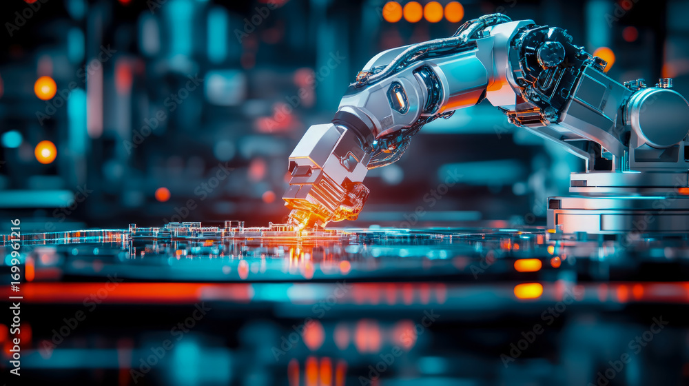 Poster futuristic automation: robotic arm precisely assembling glowing high-tech electronic components on c