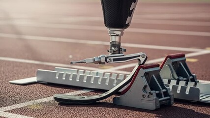 Para athletes gloved hands meticulously adjust advanced prosthetic running blade on starting block preparing for paralympic race on track - Powered by Adobe