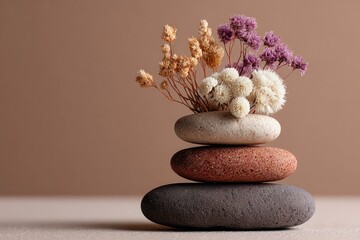Stacked stones balance with dried flowers against a muted backdrop