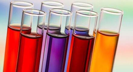 Colorful liquid in laboratory test tubes, science and research concept