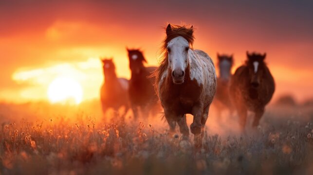 A breathtaking scene of horses galloping freely in a sunlit field at sunset, embodying natural beauty and freedom, with vibrant colors merging in a picturesque landscape. - Powered by Adobe