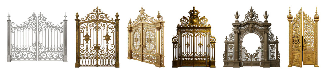 Ornate gates set including antique gold, silver, and bronze finishes isolated. Architectural elements and luxury design components. © PixeloAI