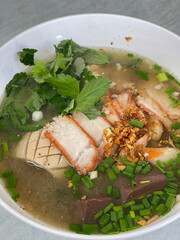 Thai Style Clear Soup with Congealed pork blood, pork entrails clear soup. Chinese food.	
