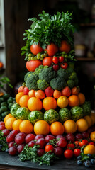 Vibrant Fresh Produce Pyramid: Abundant Assortment of Colorful Fruits and Vegetables Stacked in Conical Display