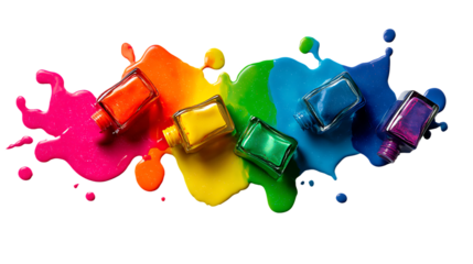 Colorful nail polish bottles splashing in rainbow colors isolated on transparent background
