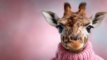 Obraz premium An adorable giraffe wearing a cozy pink sweater beams joyfully, capturing a whimsical moment that embodies playfulness and the joy of unique animal encounters.