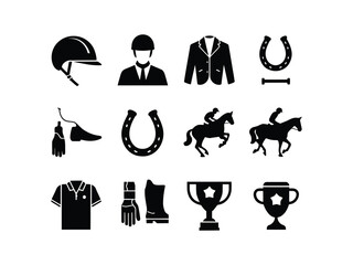 Horse Racing Icon Vector – Black Silhouette Symbol of Galloping Racehorse with Jockey, Equestrian Sport Competition Logo, Outline Artwork for Branding, Print, Web Design, Poster, Graphic Illustration