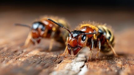 A stunning extreme close-up of bees delicately perched on a wooden surface, showcasing their intricate details and highlighting their essential role in nature.