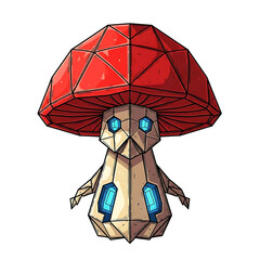 A whimsical robot mushroom with a red cap and glowing blue eyes isolated on white background