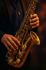 Musician playing saxophone on dark background, jazz music concert